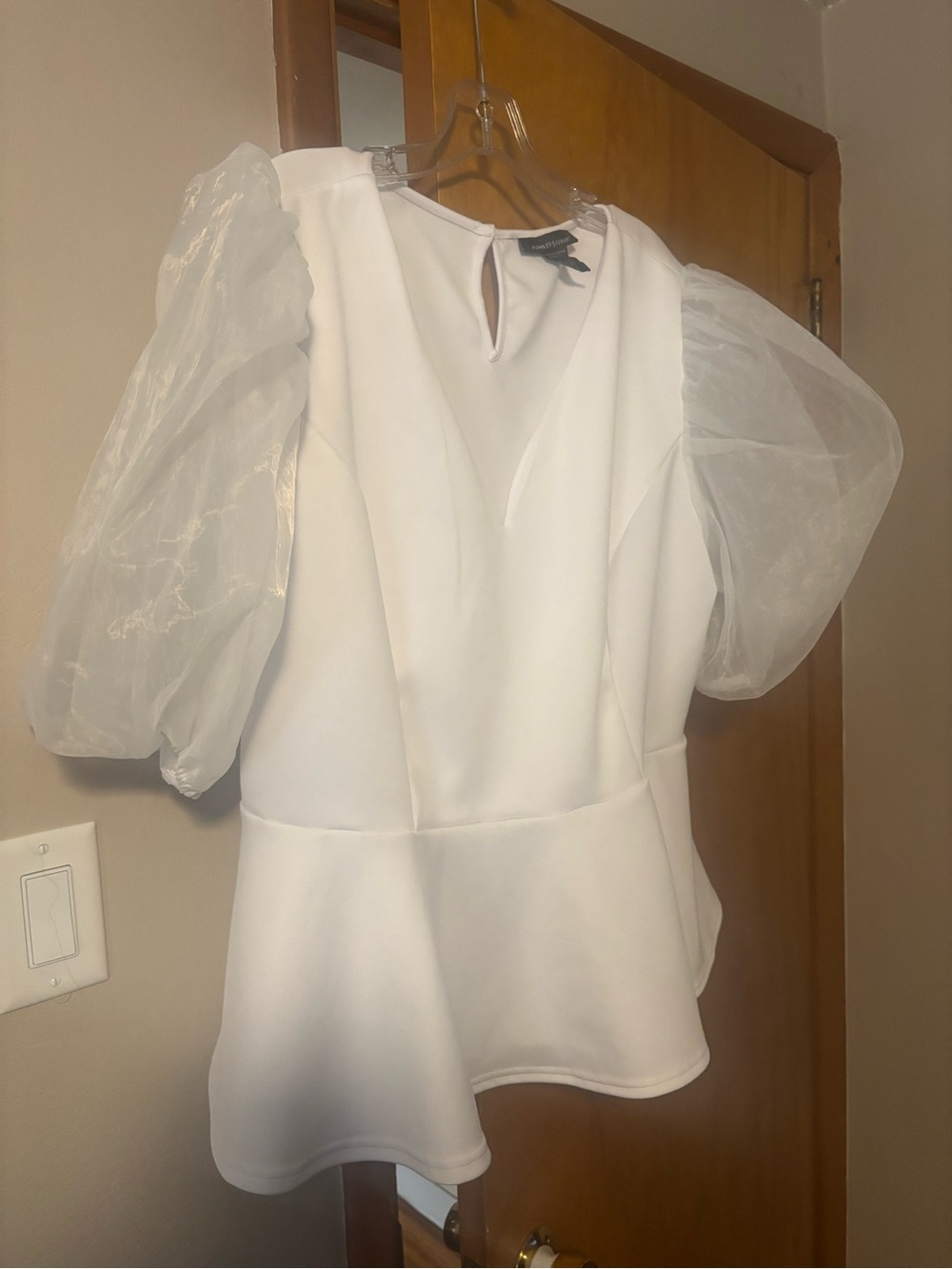 Ashley Stewart White Peplum Blouse with Sheer Puff Sleeves
